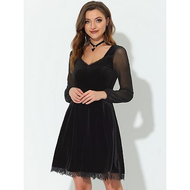 Women's Velvet Gothic Sweetheart Neck Sheer Long Sleeve Side Zip Dress