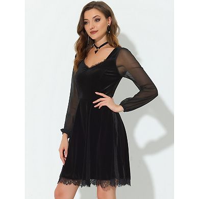 Women's Velvet Gothic Sweetheart Neck Sheer Long Sleeve Side Zip Dress