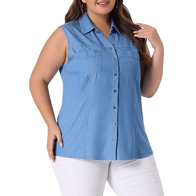 Women's Plus Size Chambray Sleeveless Button Work Shirts