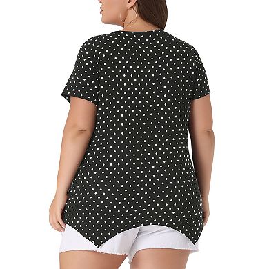 Women's Plus Size V Neck Short Sleeve Asymmetric Hem Polka Dots Pintuck Top
