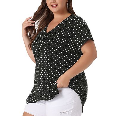 Women's Plus Size V Neck Short Sleeve Asymmetric Hem Polka Dots Pintuck Top