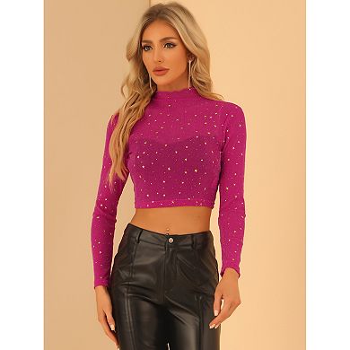 Women's Mesh Crop Top Stars Mock Neck Party See Through Blouse
