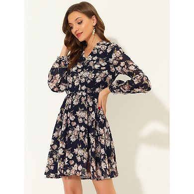 Women's Floral Chiffon Lantern Sleeve Elastic Waist Dress