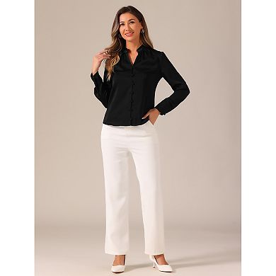 Women's Ruffled Stand Collar Shirt Long Sleeve Button Elegant Satin Blouse