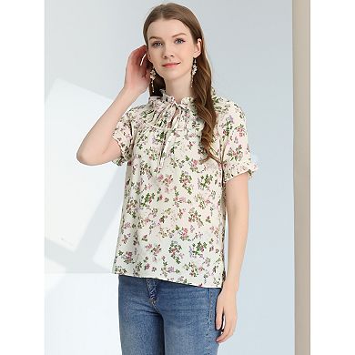 Women's Floral Tie Neck Ruffle Short Sleeves Peasant Blouse Top