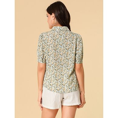 Women's Elegant Shirt Turndown Collar Summer Puff Sleeve Vintage Floral Blouse