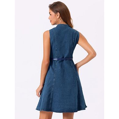 Women's Denim Sleeveless V Neck Belted Fit And Flare Shirt Dress