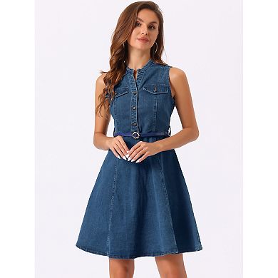 Women's Denim Sleeveless V Neck Belted Fit And Flare Shirt Dress