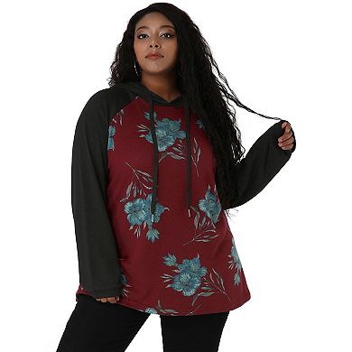 Women's Plus Size Raglan Sleeve Floral Hoodie Sweater