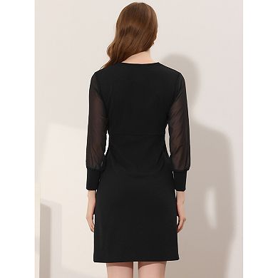 Women's Elegant V Neck Sheer Contrast Button Decor A-line Dress