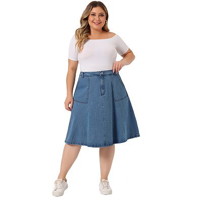 Women's Plus Size Denim Casual A-Line Midi Skirt with Pockets