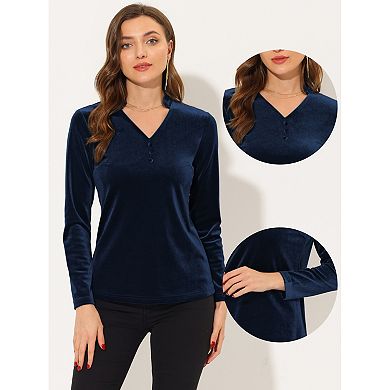 Casual Velvet Top For Women's Office Soft Long Sleeve V Neck T-shirt