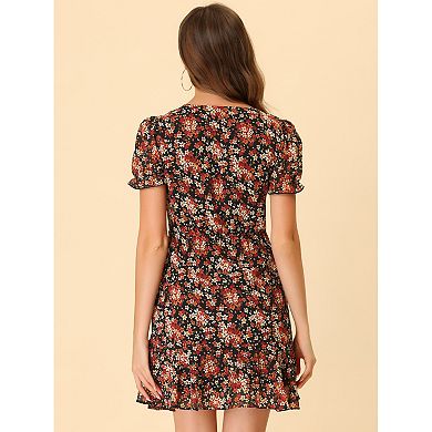 Women's Floral Puff Sleeve V Neck Drawstring Ruched Ruffle Dress