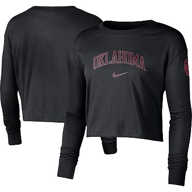 Women's Nike Black Oklahoma Sooners 2-Hit Cropped Long Sleeve Logo T-Shirt