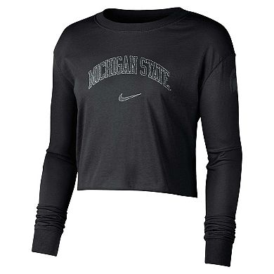 Women's Nike Black Michigan State Spartans 2-Hit Cropped Long Sleeve Logo T-Shirt