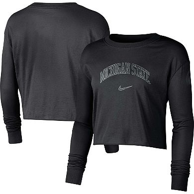 Women's Nike Black Michigan State Spartans 2-Hit Cropped Long Sleeve Logo T-Shirt