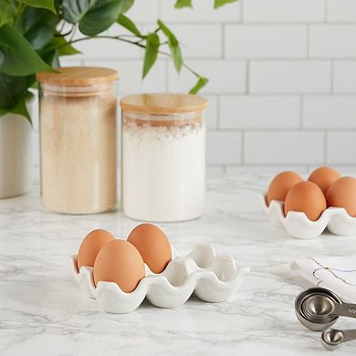 White Ceramic Egg Trays for Half Dozen Chicken Eggs, Countertop Egg Holder (2 Pack)