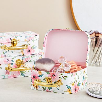 Set of 3 Different Sizes of Paperboard Suitcases with Metal Handles, Floral Print Decorative Cardboard Storage Boxes (Floral Print)