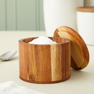 Wooden Salt Cellar with Lid for Kitchen, Countertop, Round Storage Box with Removable Cover for Spices, Dark Brown (3.5 x 3 In)