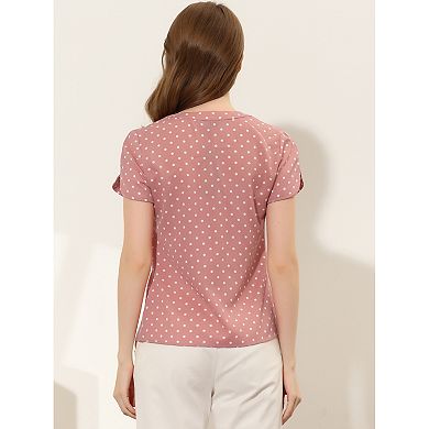 Women's Dots Printed V Neck Short Sleeve Work Office Blouse Top