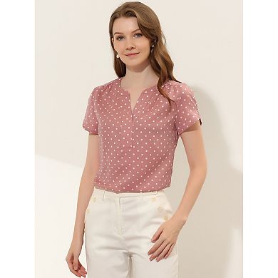 Women's Dots Printed V Neck Short Sleeve Work Office Blouse Top