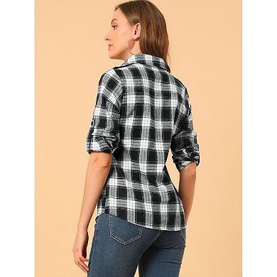 Women's Check Print Roll Up Sleeves Flap Pockets Brushed Shirt