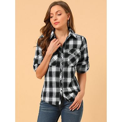 Women's Check Print Roll Up Sleeves Flap Pockets Brushed Shirt