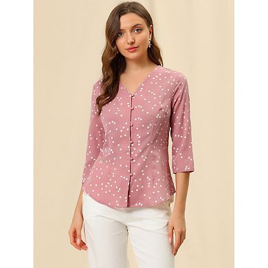 Women's Polka Dots 3/4 Sleeve Casual Button Front Blouse Top