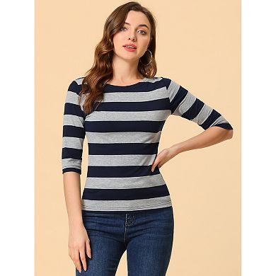 Women's Casual T-shirts Elbow Sleeves Slim Fit Boat Neck Tops