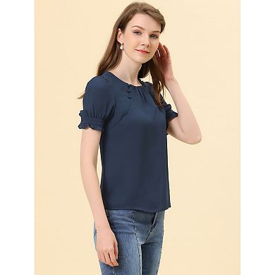 Women's Round Neck Puffy Short Sleeve Summer Chiffon Blouse Top