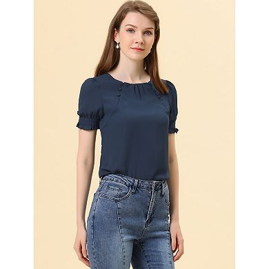 Women's Round Neck Puffy Short Sleeve Summer Chiffon Blouse Top