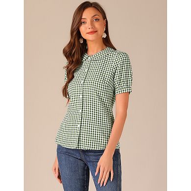 Women's Plaid Button Down Puffy Short Sleeve Peter Pan Collar Shirt