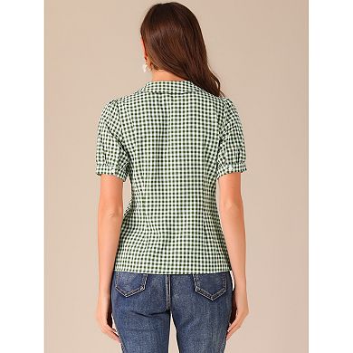 Women's Plaid Button Down Puffy Short Sleeve Peter Pan Collar Shirt