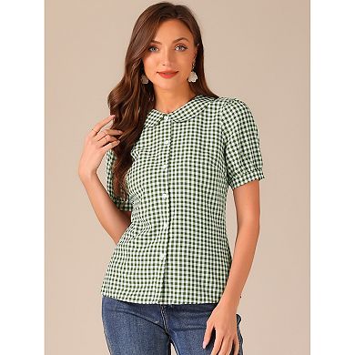 Women's Plaid Button Down Puffy Short Sleeve Peter Pan Collar Shirt