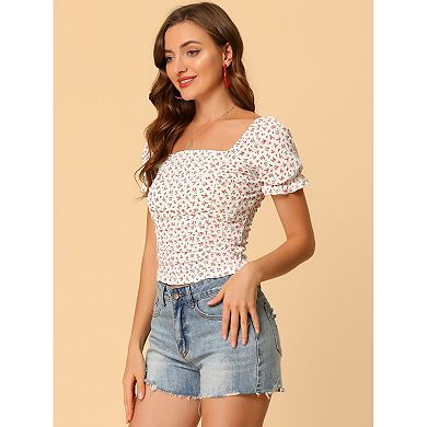 Women's Ruched Front Short Sleeve Floral Cropped Top