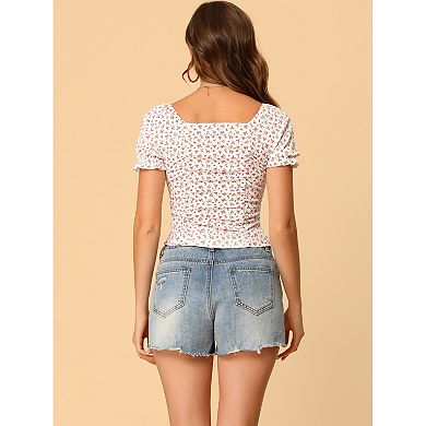 Women's Ruched Front Short Sleeve Floral Cropped Top