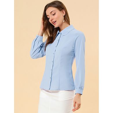 Women's Button Up Career Peter Pan Collar Long Bishop Sleeve Shirt