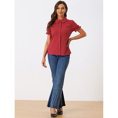Women's Cotton Frilled Top Turndown Collar Solid Blouse