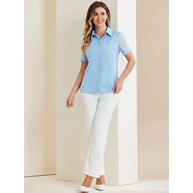 Women's Button Down Shirt Sheer Short Sleeve Point Collar Work Tops