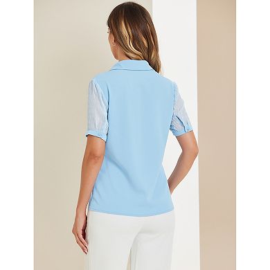 Women's Button Down Shirt Sheer Short Sleeve Point Collar Work Tops