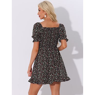 Women's Puffy Sleeve Back Smocked Sweetheart Neck Floral Ruffled Hem Dress