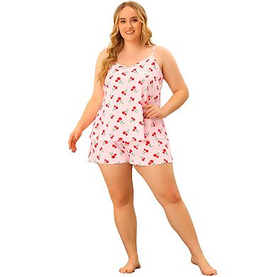 Pajamas Set for Women Plus Size Cami Cherry Printed Elastic Waist Shorts Nightgown Loungewear