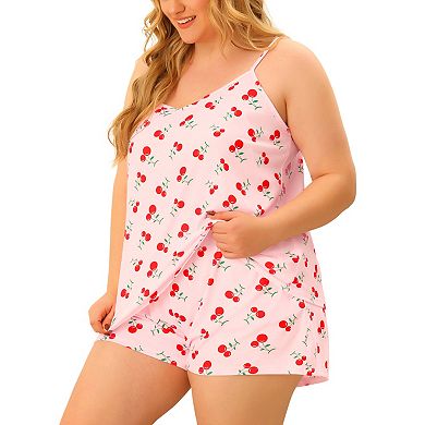Pajamas Set for Women Plus Size Cami Cherry Printed Elastic Waist Shorts Nightgown Loungewear