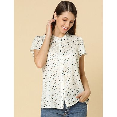 Women's Summer Dots Print Ruffle Stand Collar Button Down Blouse Shirts