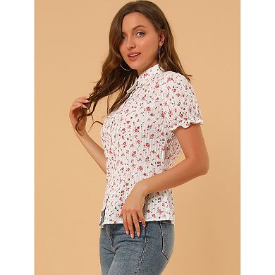 Women's Floral Top Peter Pan Collar Cotton Short Sleeve Shirt