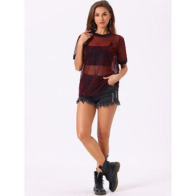 Women's Sheer Mesh Top Contrast Round Neck Short Sleeve Casual See Through T-shirt