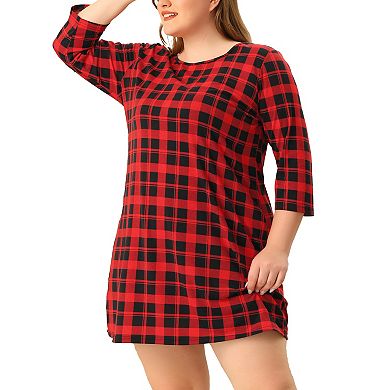 Women's Plus Size Knit 3/4 Sleeve Plaid Pajamas Sleepdress