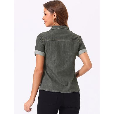 Women's Denim Jacket Collared Short Sleeve Chest Pocket Button Up Shirt