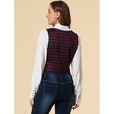 Women's  V Neck Cinched Waist Button Asymmetric Stretchy Plaid Sleeveless Jacket