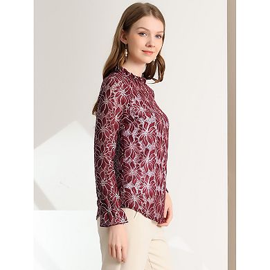 Women's Crochet Lace See Through Floral Ruffle Neck Blouse